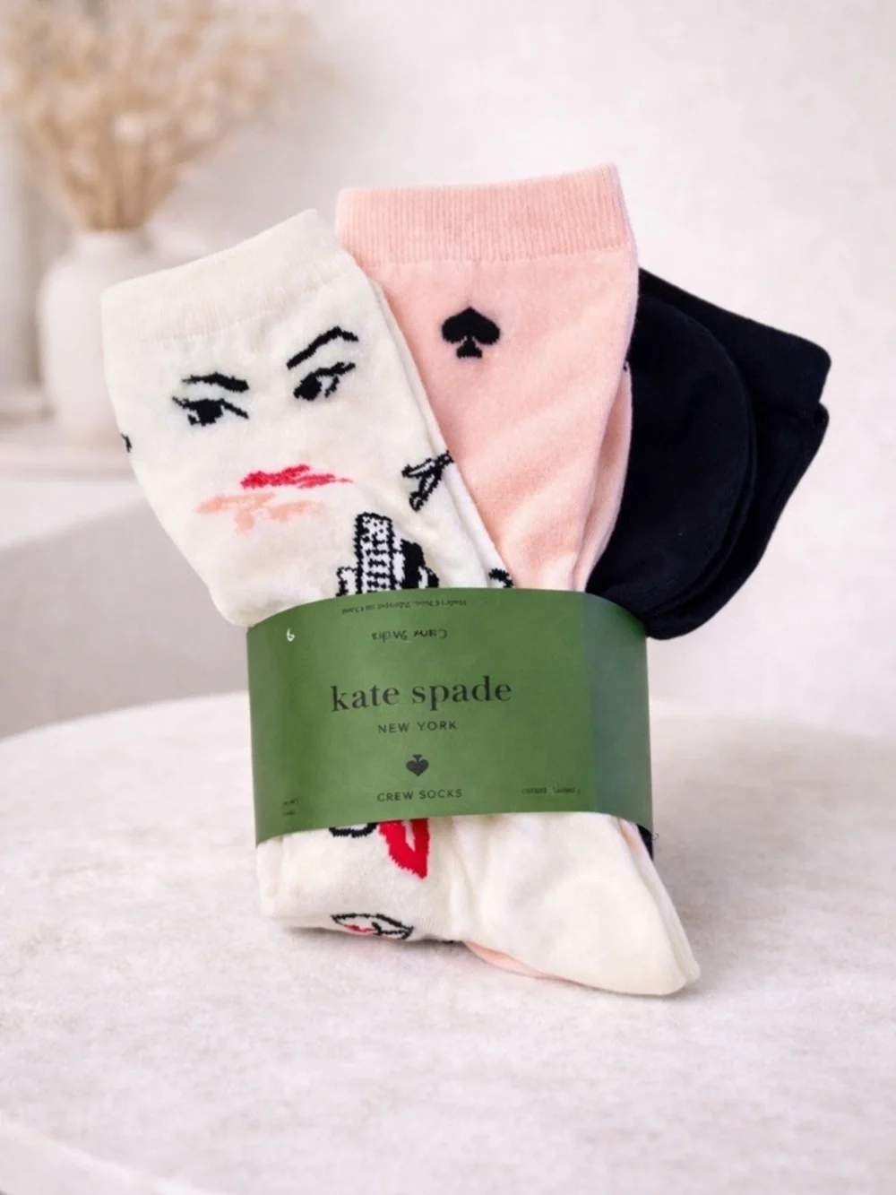 Kate Spade New York 3 Pair Crew Socks Gift Set NWT Pink Black White Novelty